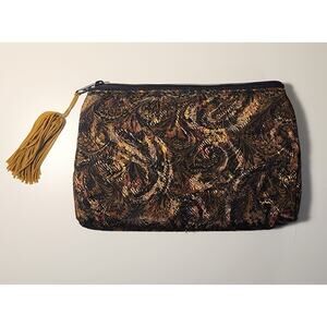 Women's Gold and Black Patterned Accessories Bag with Tassel